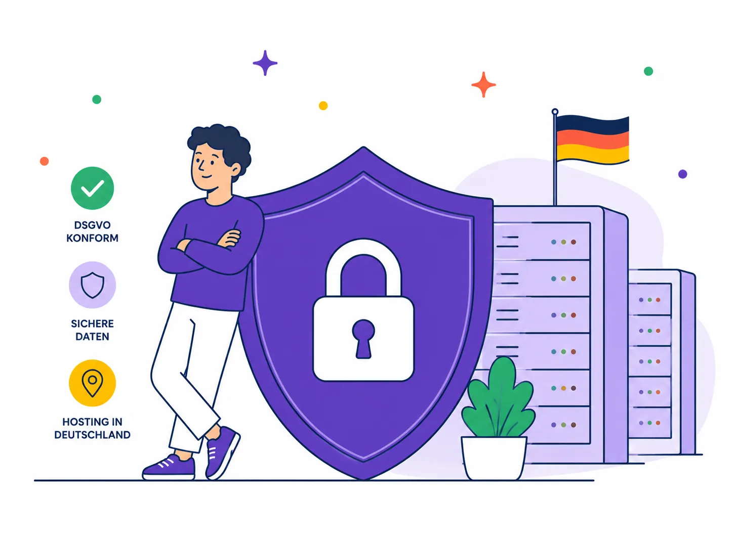 Schutzschild mit Schloss vor einem Serverschrank — Hosting in Deutschland